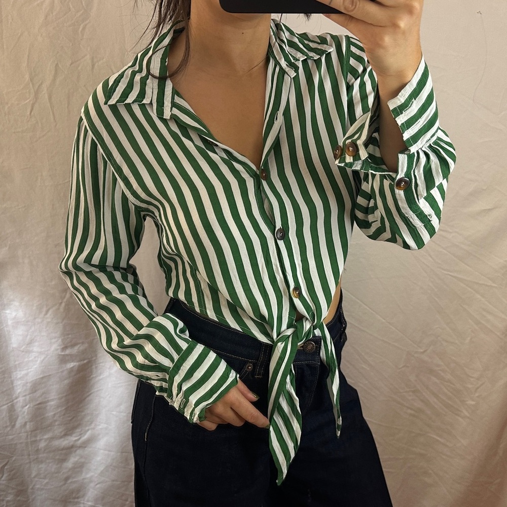 Faithfull the Brand Green and White Striped Button Down Shirt